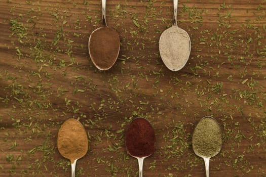 Various colorful spices arranged on spoons  with wooden background