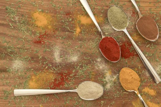 Various colorful spices arranged on spoons  with wooden background