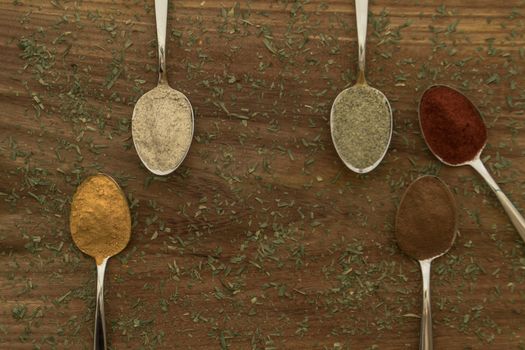 Various colorful spices arranged on spoons  with wooden background