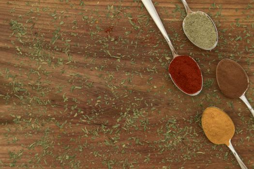 Various colorful spices arranged on spoons  with wooden background