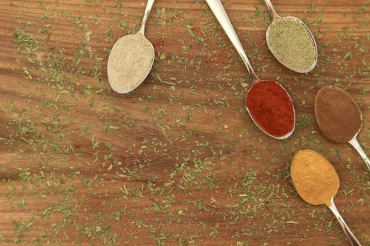 Various colorful spices arranged on spoons  with wooden background