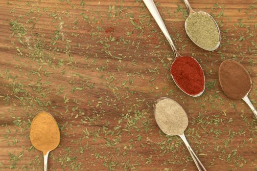 Various colorful spices arranged on spoons  with wooden background