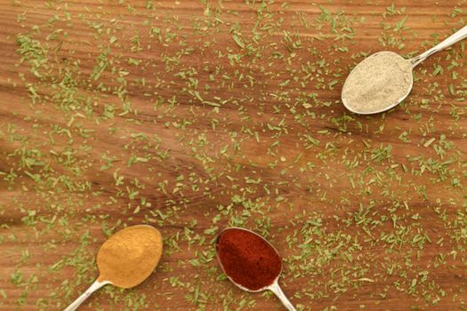 Various colorful spices arranged on spoons  with wooden background