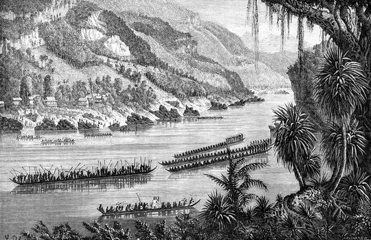 Boat race on the Mekong, vintage engraved illustration. Le Tour du Monde, Travel Journal, (1872).
