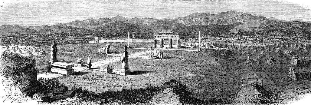 Field tombs Mon-ngan, vintage engraved illustration. Le Tour du Monde, Travel Journal, (1872).
