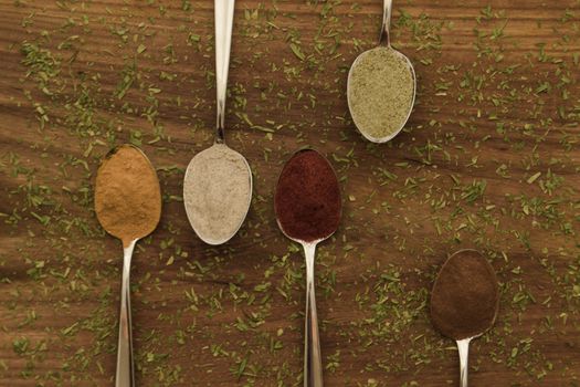 Various colorful spices arranged on spoons  with wooden background