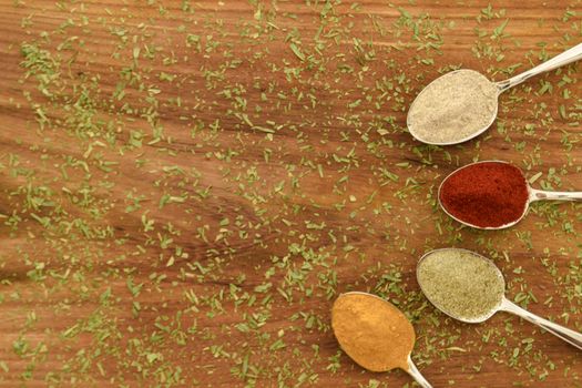 Various colorful spices arranged on spoons  with wooden background