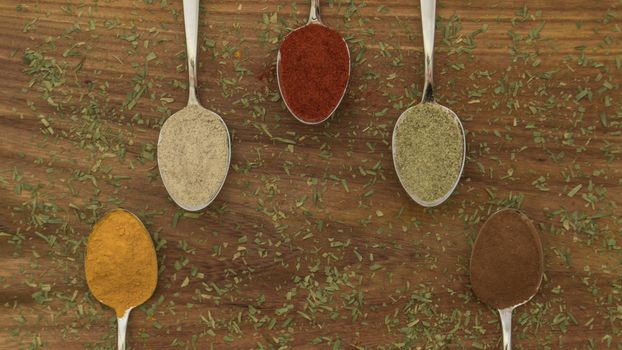 Various colorful spices arranged on spoons  with wooden background