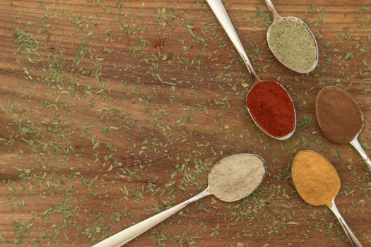 Various colorful spices arranged on spoons  with wooden background