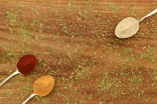 Various colorful spices arranged on spoons  with wooden background