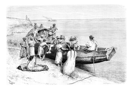 Rubber Researchers Depart by Boat from a Place Near Tabatinga in Amazonas, Brazil, drawing by Riou from a photograph, vintage engraved illustration. Le Tour du Monde, Travel Journal, 1881