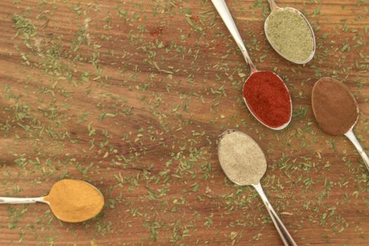 Various colorful spices arranged on spoons  with wooden background