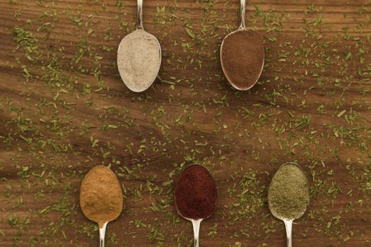 Various colorful spices arranged on spoons  with wooden background