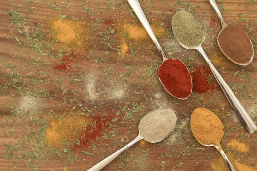 Various colorful spices arranged on spoons  with wooden background