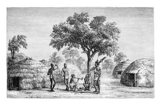 Tribesmen of Mandombe in Congo, Central Africa, drawing by Monteiro, vintage engraved illustration. Le Tour du Monde, Travel Journal, 1881