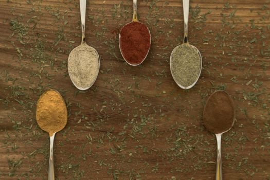 Various colorful spices arranged on spoons  with wooden background