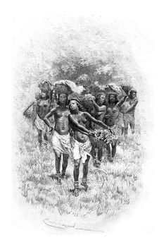 Troop of Girls Carrying Baskets in Angola, Southern Africa, drawing by Bayard based on a sketch by Serpa Pinto, vintage engraved illustration. Le Tour du Monde, Travel Journal, 1881