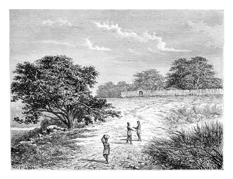 Belmonte Enclosure in Angola, Southern Africa, drawing by De Bar based on a sketch by Serpa Pinto, vintage engraved illustration. Le Tour du Monde, Travel Journal, 1881