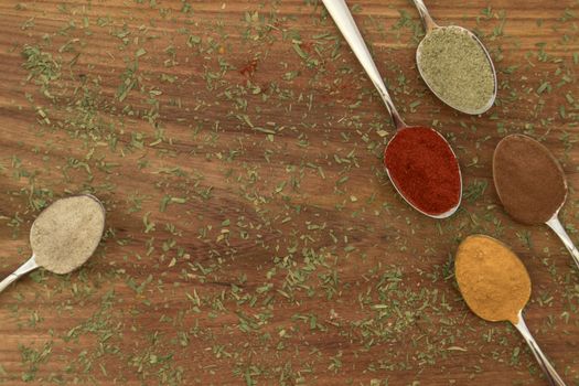 Various colorful spices arranged on spoons  with wooden background