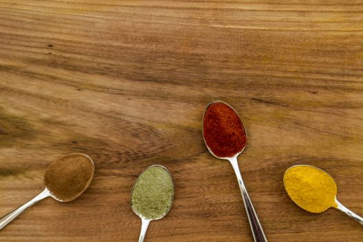 Various colorful spices arranged on spoons  with wooden background