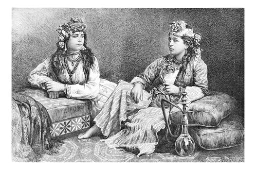 Metouali Women of Sidon, Lebanon, with hookah, vintage engraved illustration. Le Tour du Monde, Travel Journal, 1881