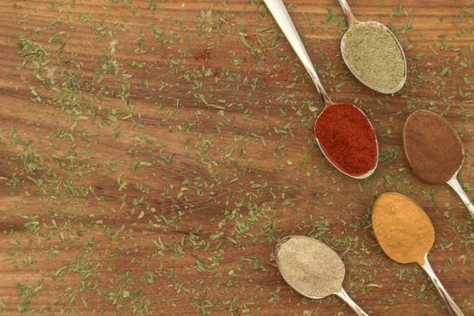 Various colorful spices arranged on spoons  with wooden background