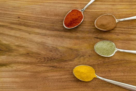 Various colorful spices arranged on spoons  with wooden background