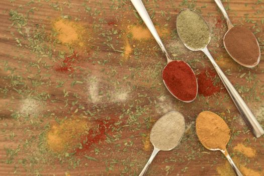 Various colorful spices arranged on spoons  with wooden background