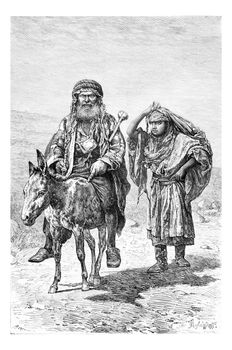 Mountaineer and Wife in Nablus in West Bank, Israel, vintage engraved illustration. Le Tour du Monde, Travel Journal, 1881