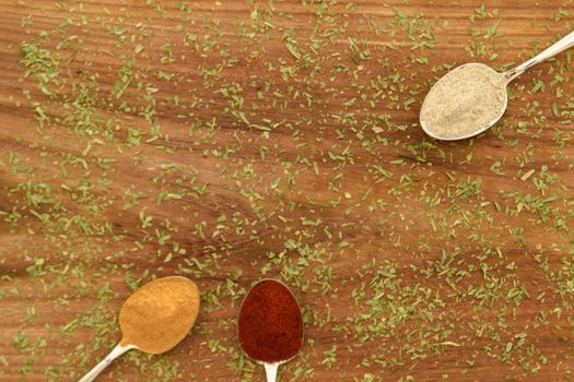 Various colorful spices arranged on spoons  with wooden background