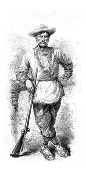 Santa Cruz Holding a Rifle in Amazonas, Brazil, drawing by Riou from a sketch by Dr. Crevaux, vintage engraved illustration. Le Tour du Monde, Travel Journal, 1881