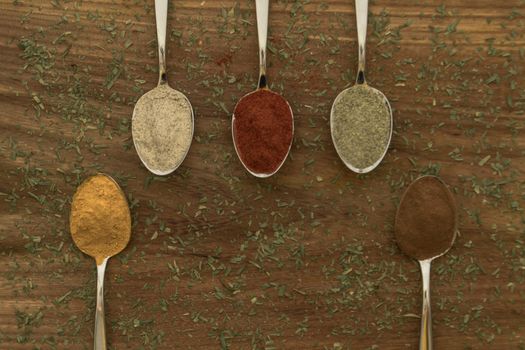 Various colorful spices arranged on spoons  with wooden background