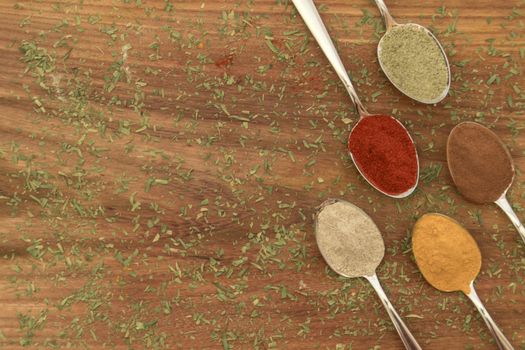 Various colorful spices arranged on spoons  with wooden background