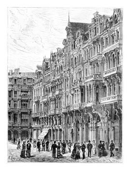 Modern Construction, an Award-Winning House in Brussels, Belgium, drawing by Deroy based on a photograph by Levy, vintage illustration. Le Tour du Monde, Travel Journal, 1881