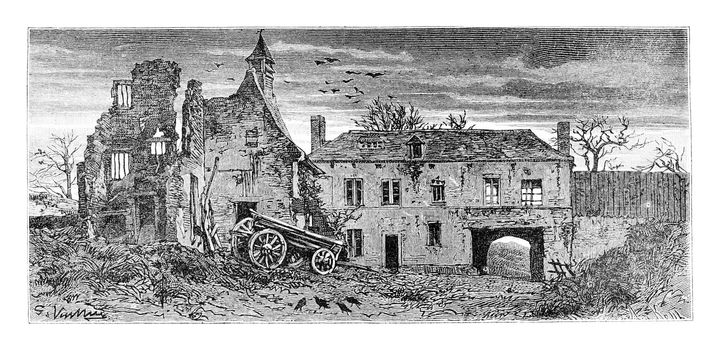 Hougomont Farm in Waterloo, Belgium, drawing by Vuillier based on a photograph, vintage illustration. Le Tour du Monde, Travel Journal, 1881