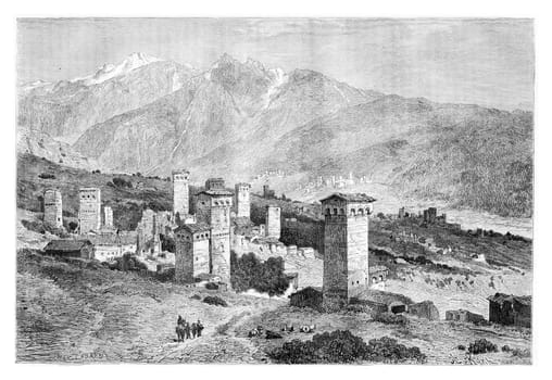 Towers of Svaneti in Svaneti, Georgia, drawing by Laurens based on a sketch, vintage illustration. Le Tour du Monde, Travel Journal, 1881