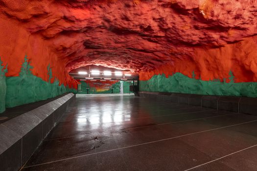 Stockholm, Sweden. September 2019.  The interior view of the  Solna centrum Metro Station  platform