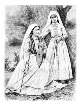 My Hostess and Her Daughter in Zugdidi, Georgia, drawing by Sirouy based on a photograph, vintage illustration. Le Tour du Monde, Travel Journal, 1881