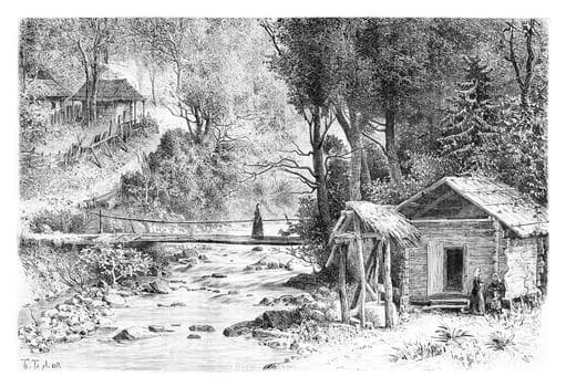 Mills in Mingrelia in Svaneti, Georgia, drawing by Taylor based on a photograph, vintage illustration. Le Tour du Monde, Travel Journal, 1881