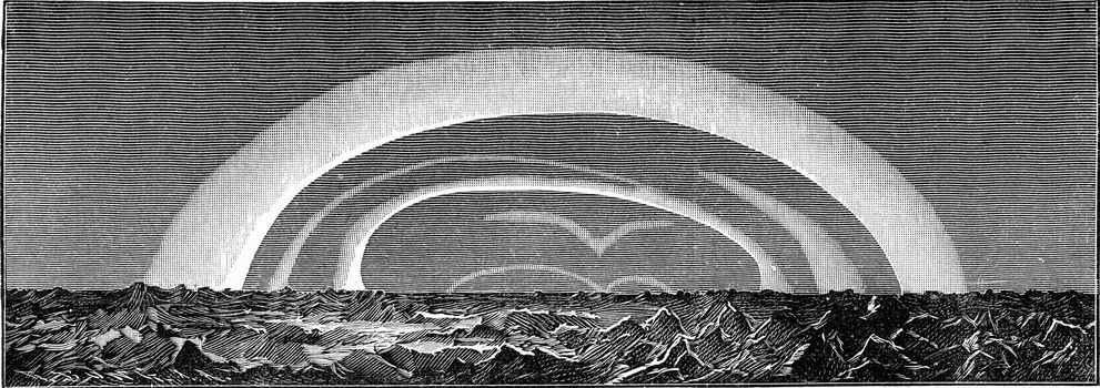 Aurora boreale observed on March 1, 1879 by the expedition of the Vega, vintage engraved illustration. From the Universe and Humanity, 1910.
