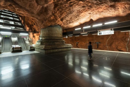 Stockholm, Sweden. September 2019.  The interior view of the  Radhuset Metro Station  platform