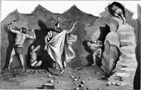 The work of slaves in a Phoenician copper mine, vintage engraved illustration. From the Universe and Humanity, 1910.
