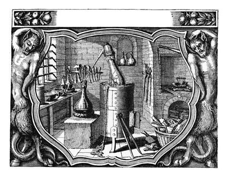 Chemical laboratory of Michel Kusel in 1663, vintage engraved illustration. From the Universe and Humanity, 1910.
