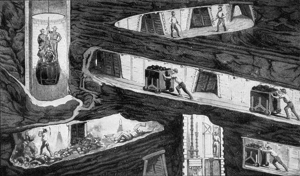 Section of a mine in the mid-nineteenth century, vintage engraved illustration. From the Universe and Humanity, 1910.
