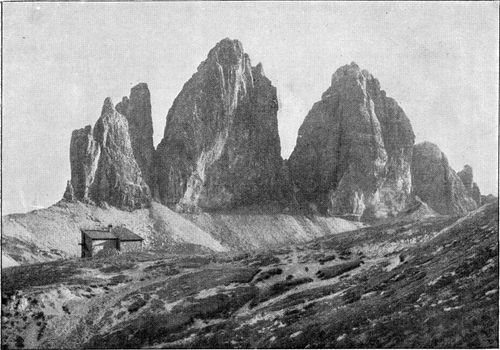 The Three Peaks of the Dolomites, vintage engraved illustration. From the Universe and Humanity, 1910.
