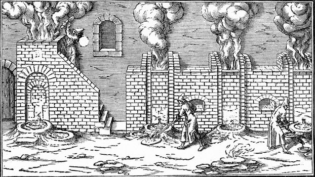 A blast furnace in the seventeenth century, vintage engraved illustration. From the Universe and Humanity, 1910.
