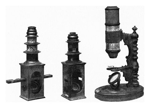 Old microscopes of the Germanic National Museum of Nuremberg, vintage engraved illustration. From the Universe and Humanity, 1910.
