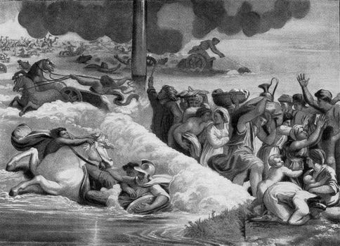 The Egyptians continue the Nights perish in the Red Sea, vintage engraved illustration. From the Universe and Humanity, 1910.
