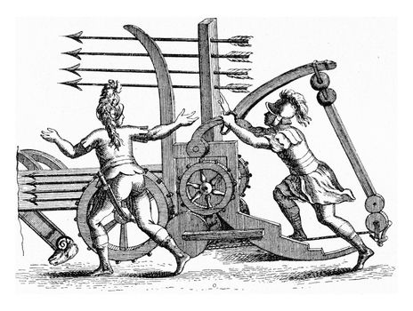 Roman machine throwing javelins by four, vintage engraved illustration. From the Universe and Humanity, 1910.
