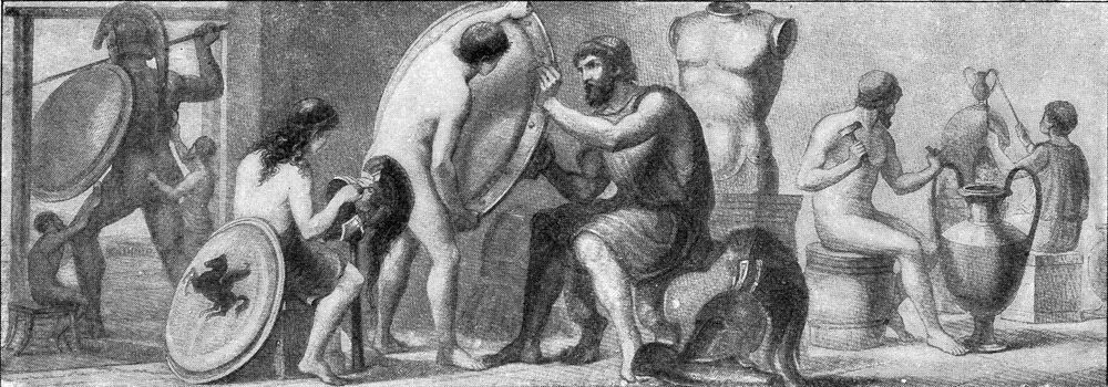 Workshop for the manufacture of bronze in ancient Greece, vintage engraved illustration. From the Universe and Humanity, 1910.
